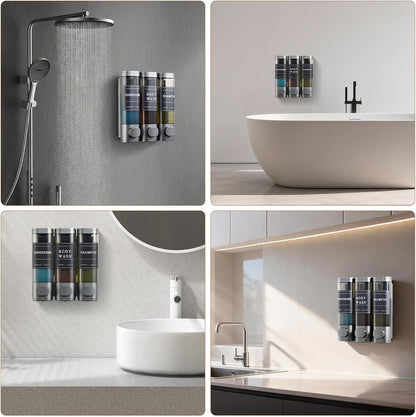Shampoo and Conditioner Dispenser,Shower Soap Dispenser 3 Chamber No Drill Wall-Mounted Shampoo Dispenser for Shower Wall Mounted Shower Dispenser for Bathroom Hotel Large Capacity, Clear Bright