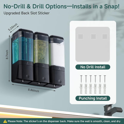 Shampoo and Conditioner Dispenser 3 Chamber No Drill Shampoo Dispenser for Shower Wall Mounted Shower Soap Dispenser 3 * 500ml Refillable Shower Dispenser for Bathroom Hotel(Black 3 Chamber)