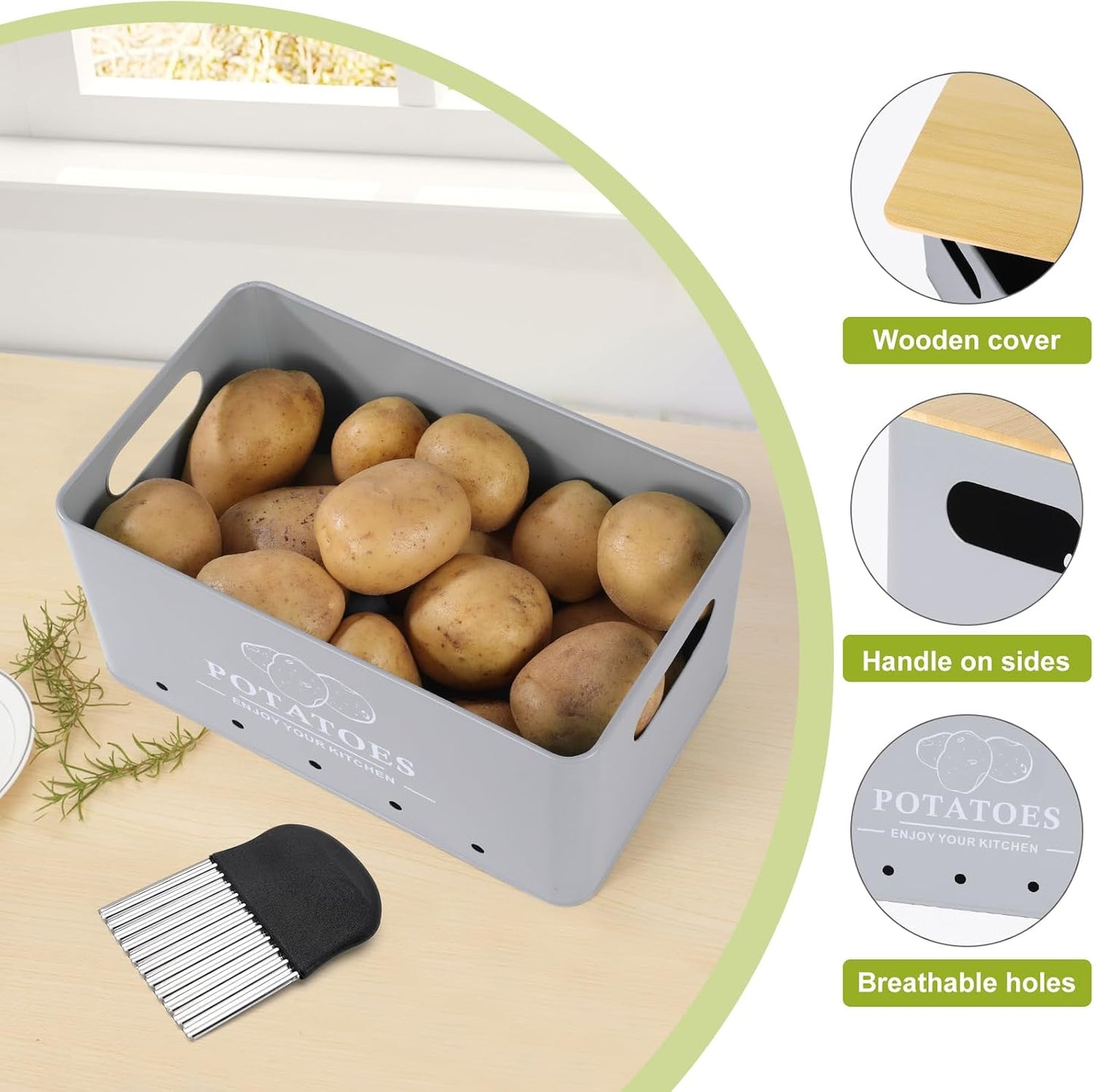 Kitchen Vegetable Storage Set of 3, Metal Onion Garlic Potato Storage Set, Kitchen Canisters Vegetable Keeper Containers with Aerating Holes and Bamboo Lid,Black