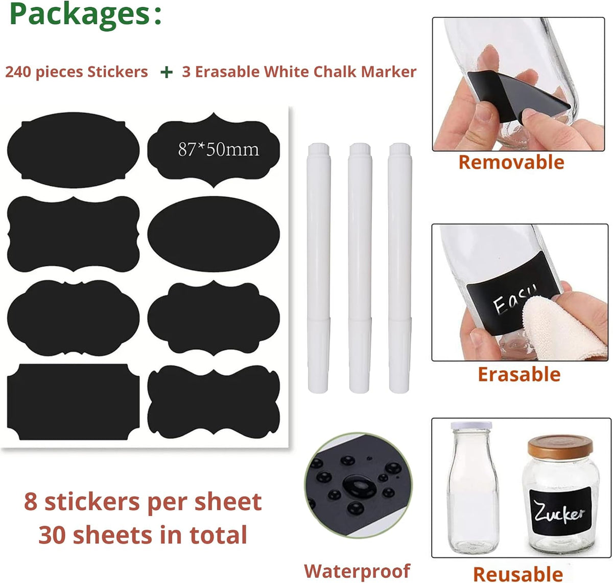 Chalkboard Label Waterproof Reusable Labels for Food Containers Chalk Sticker Labels with 3 Liquid Chalk Markers for Mason Jars, Parties Decoration, Craft Rooms, Storage, Home, Kitchen