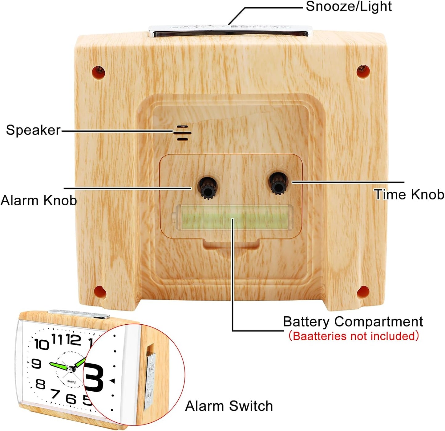 DTKID Large Alarm Clock for Bedside, Silent Non-Ticking Analog Clock with Night Light, Battery Powered, Gradually Increasing Alarm for Heavy Sleepers, Seniors