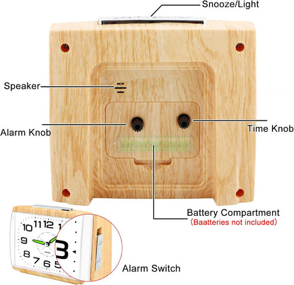 DTKID Large Alarm Clock for Bedside, Silent Non-Ticking Analog Clock with Night Light, Battery Powered, Gradually Increasing Alarm for Heavy Sleepers, Seniors