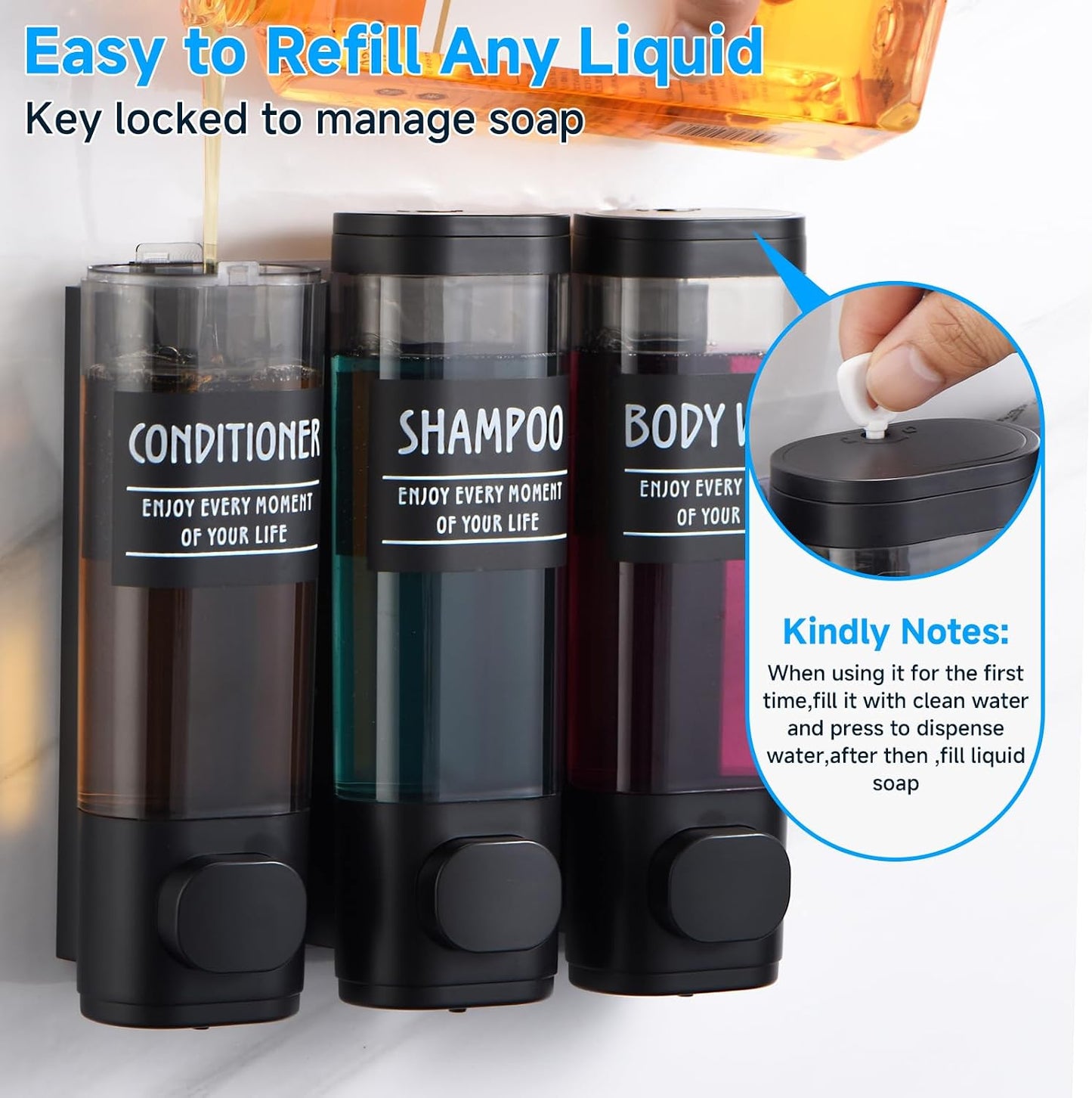 Shampoo and Conditioner Dispenser,GlintGath Shower Dispenser 2 Chamber No Drill Shampoo Dispenser for Shower Wall Mounted Shower Soap Dispenser for Bathroom Hotel,2 * 300ML,Matte Black