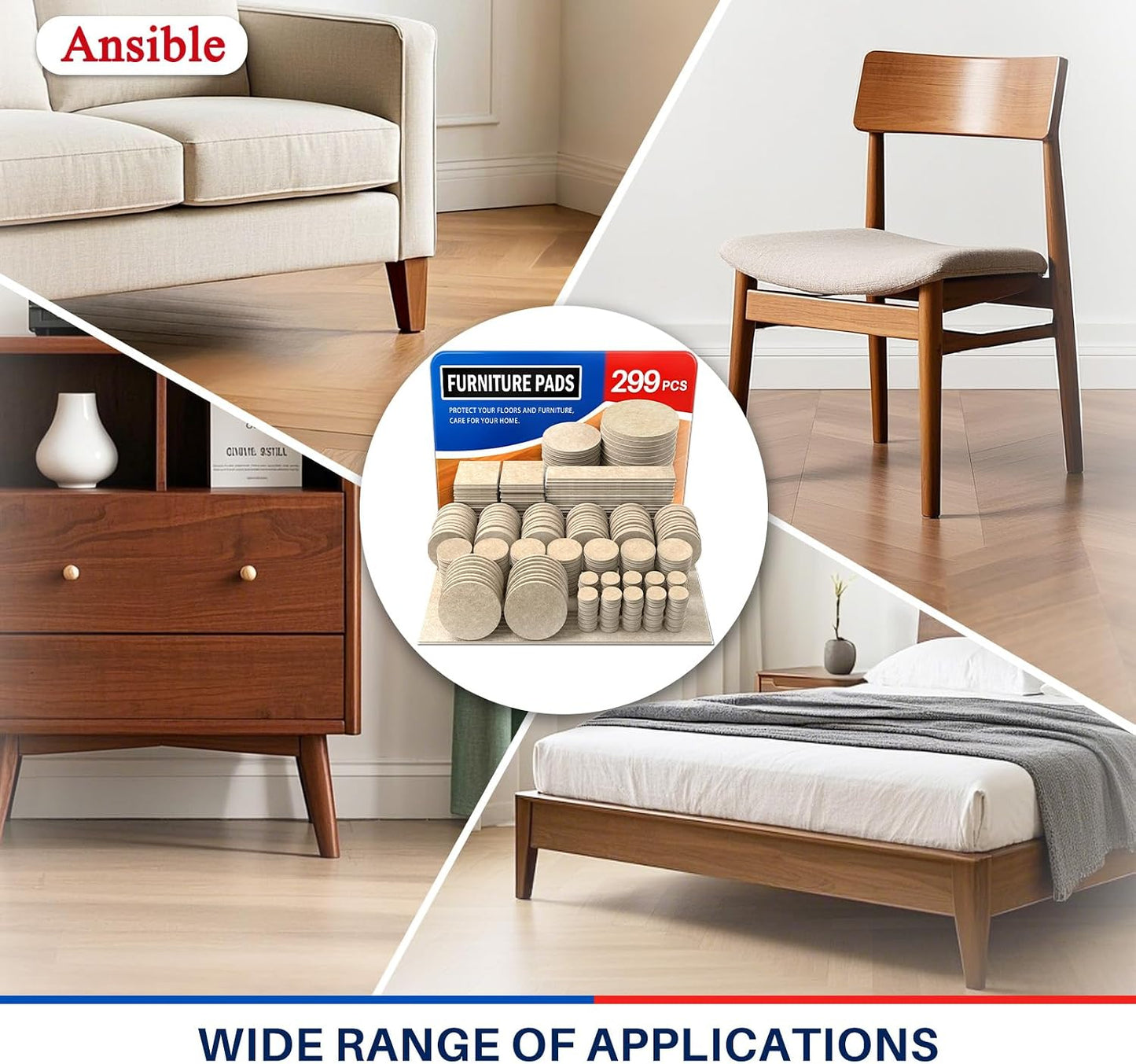 Ansible Felt Furniture Pads Chair Leg Floor Protectors 1" 60PCS | Felt Pads for Hardwood Floors,Self-Adhesive, Reduce Noise and Anti-Scratches,Easy to Install,Beige,Round