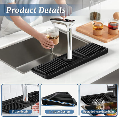 PoYang 24 Inch Faucet Mat for Kitchen Sink Splash Guard, Silicone, Black | Sink Protectors with 7° Slope for Smooth Drainage, Snap Button Holds It in Place, 90° Foldable & Cuttable Hole Fit Most Sinks