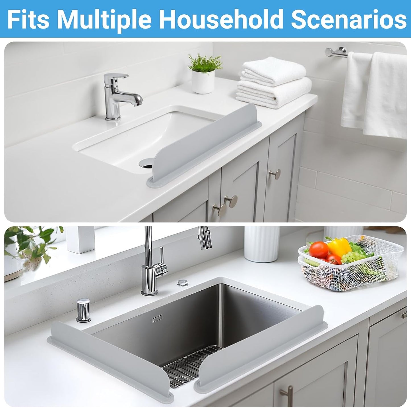 19.3 inch Silicone Sink Splash Guard, Splash Guard for Kitchen Sink Area, Backsplash Protector for Kitchen Countertop & Bathroom Bathtub with Non-Slip Strong Suction, White