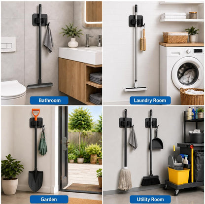 6Pcs Broom Holder Wall Mount With Hooks, Damage-Free Broom And Mop Organizer Wall Hanging, Heavy Duty Self Adhesive Broom Hanger Clips Storage Rack For Garden, Laundry Room Tools, SUS 304, Matte Black