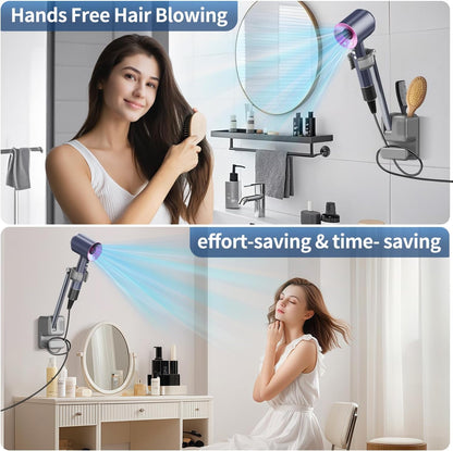 Hands Free Hair Dryer Holder Wall Mount, Adjustable Bathroom Blower Dryer Holder Wall Mounted Hook Rack, Vanity Cabinet Door Hanger Storage, Suitable for Most Walls, Hair Dryers, with Cord Organizer