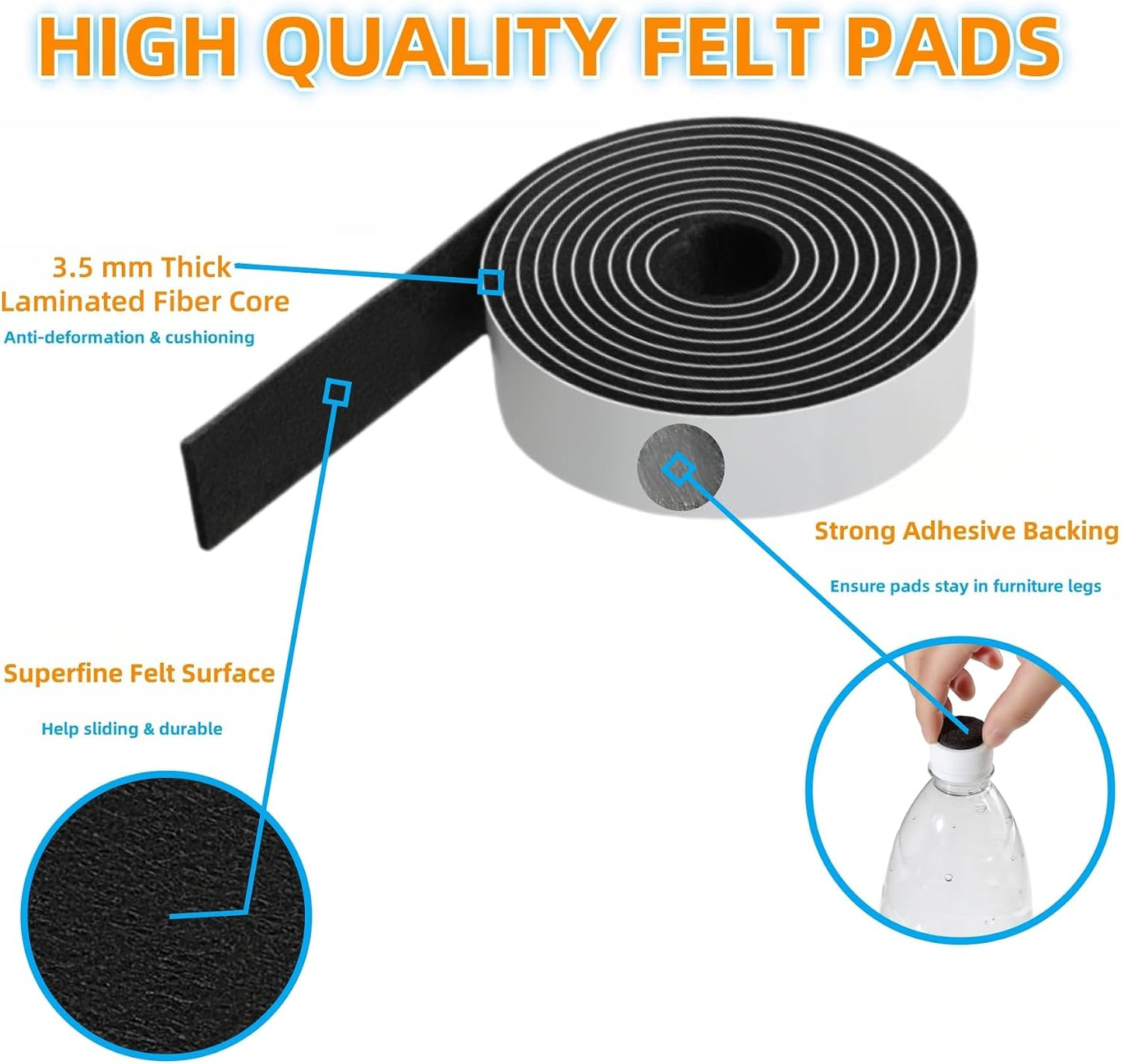 Felt Strips with Adhesive Backing Heavy Duty Cuttable Felt Tape Roll Furniture Pads for Chair Legs - Protecting Hardwood Floors, Chair Wall Protector (Black, 80 x 0.5 x 0.14 Inch)
