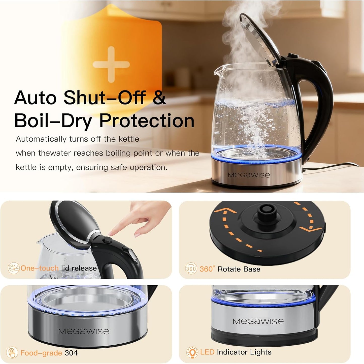 MEGAWISE 1.8L Healthy Electric Kettle, 1800W Borosilicate Glass Tea Kettle with Food Grade Material, Auto Shut-Off and Boil-Dry Protection Cordless Kettle Fast Boiling, BPA Free