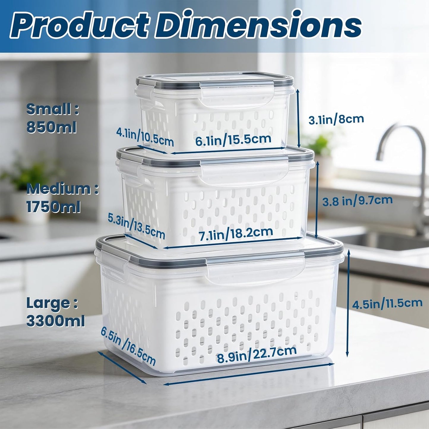 3 Pack Fruit Storage Containers for Fridge with Lids Organizers Basket Refrigerator Colander Kitchen Strainers and Colanders Vegetable Produce Food Glass Washer Airtight Lettuce Keeper Salad