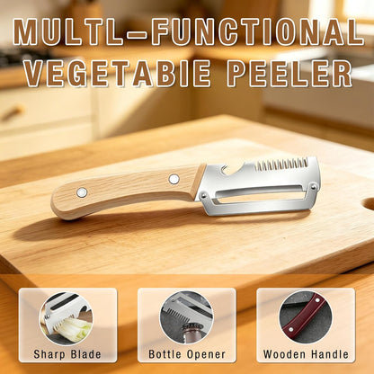 2 Pack Multifunctional Vegetable Peeler, 3 in 1 Kitchen Peeler with Bottle Opener and Wooden Handle, Kitchen Gadgets Tool for Fruit Pumpkin Peeling Potato Carrot Veggie Peeler