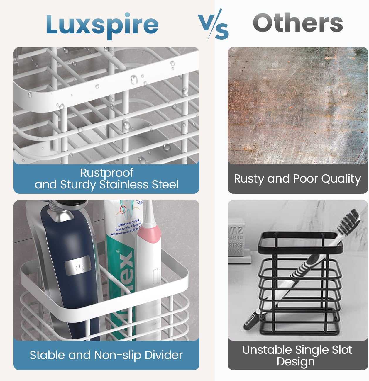 Luxspire Toothbrush Holders for Bathroom, Stainless Steel, 6 Slots, Black | Toothbrush Holders With Drainage, For Bathroom Countertop & Kitchen Sink, Bathroom Accessories