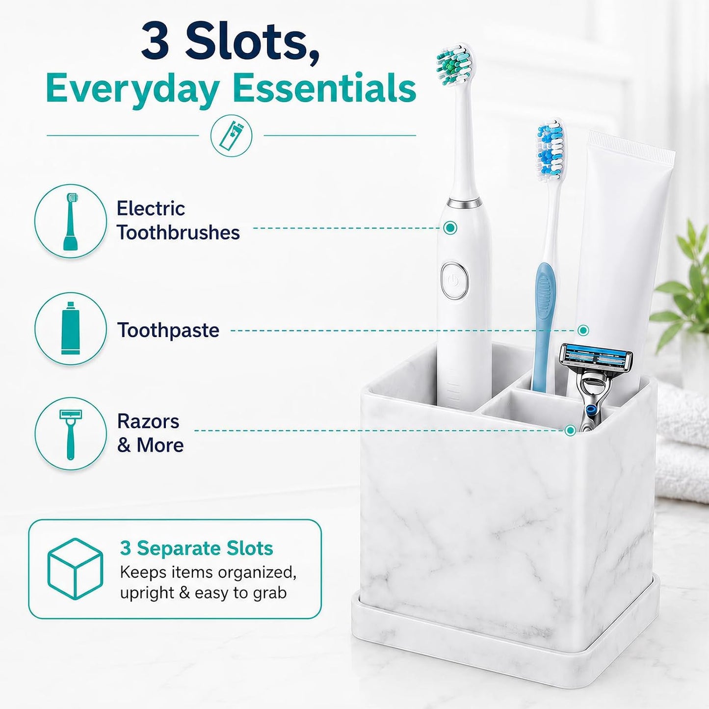 Silicone Toothbrush Holders for Bathrooms with Drainage Tray, White Marble | 3 Slots Unbreakable Countertop Electric Tooth Brush and Toothpaste Holder Organizer Stand, Marble Bathroom Accessories Decor