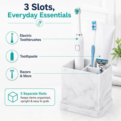 Silicone Toothbrush Holders for Bathrooms with Drainage Tray, White Marble | 3 Slots Unbreakable Countertop Electric Tooth Brush and Toothpaste Holder Organizer Stand, Marble Bathroom Accessories Decor