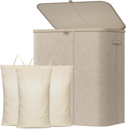 Lifewit 185L 3 Section Laundry Hamper with Lid, Laundry Basket, Beige | Large Foldable Laundry Sorter with 3 Removable Bags, Tall Clothes Hamper for Bedroom and Bathroom