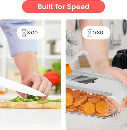 Fullstar Pro Mandoline Vegetable Slicer, Grater & Spiralizer with Container | 6 in 1 Fruit Cutter, Cheese Grater & Spiralizer with Safety Gloves, Stainless Steel Blades & Container (Black)