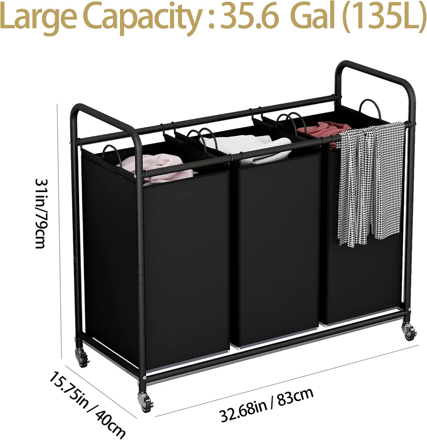 LINZINAR 3 Section Laundry Hamper, Black Laundry Basket 135L Laundry Sorter | Laundry Room Organization with Heavy Duty Rolling Lockable Wheels and Removable Bag, Bedroom Laundry Cart for Clothes Storage