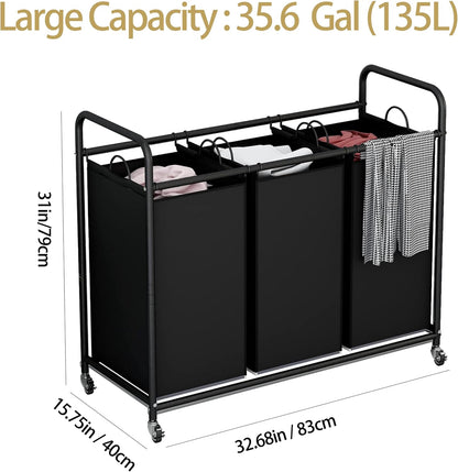 LINZINAR 3 Section Laundry Hamper, Black Laundry Basket 135L Laundry Sorter | Laundry Room Organization with Heavy Duty Rolling Lockable Wheels and Removable Bag, Bedroom Laundry Cart for Clothes Storage