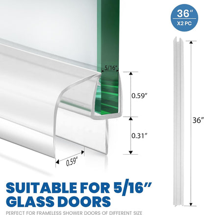 Bathroom Shower Glass Door Bottom Seal Strip, 2PCS 36 Inch Long Clear PVC Seal Strips for 5/16"(8mm) - 3/8"(10mm) Thick Framless Glass Door Panel