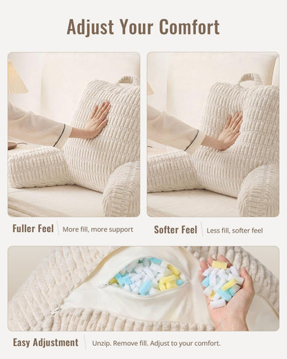 Blissful Diary Reading Pillow, Backrest Pillow with Shredded Memory Foam for Adult & Children, Designed for Bed and Couch Sitting Up, Includes Arms, Pockets and Washable Cover, Off White