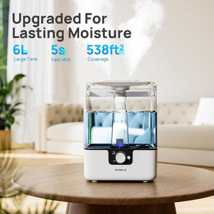 CHIVALZ Humidifiers for Bedroom Large Room, 6L Cool Mist Top Fill Humidifier with Essential Oil Diffuser, 26dB Quiet Ultrasonic Humidifier for Baby Nursery Plants, 50H Runtime Night Light 1 Pack White | Easy to Refill and Clean, Oil Diffuser, Blue