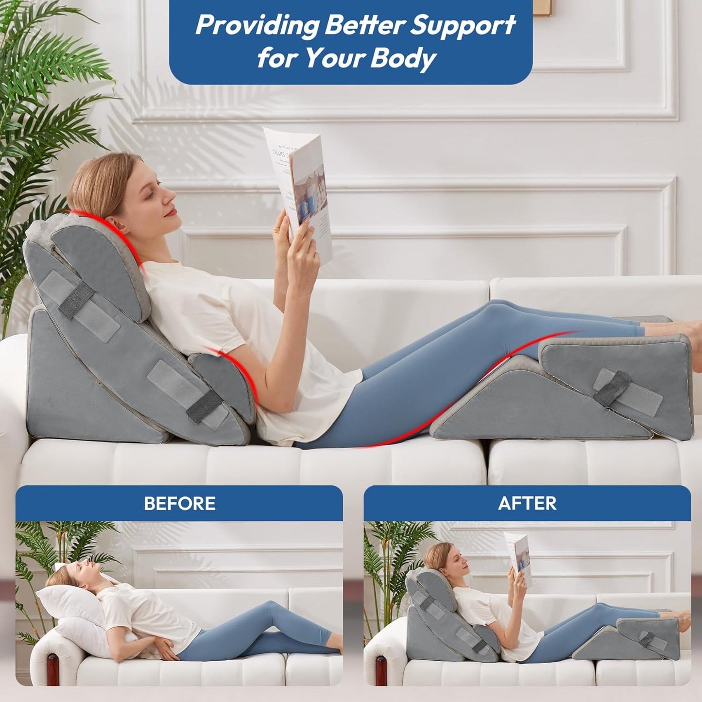 Ahpmeoa 6PCS Wedge Pillow Set for After Surgery, Back Pillow for Bed Sitting Up, Orthopedic Bed Wedge for Body, Leg Pain Relief, Memory Foam Pillow for Post Surgery, Sleeping, Acid Reflux, Plush Grey