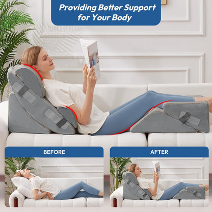 Ahpmeoa 6PCS Wedge Pillow Set for After Surgery, Back Pillow for Bed Sitting Up, Orthopedic Bed Wedge for Body, Leg Pain Relief, Memory Foam Pillow for Post Surgery, Sleeping, Acid Reflux, Plush Grey