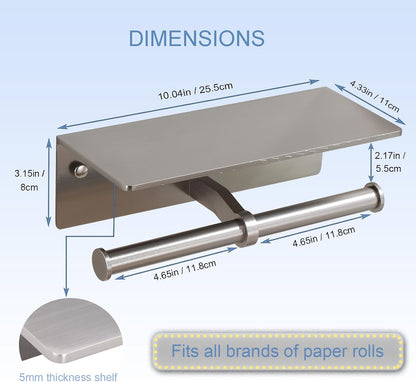 Toilet Paper Holder with Shelf, Adhesive or Screw Wall Mount Toilet Roll Holder for Bathroom, Rustproof Solid Aluminum Commercial Toilet Tissue Holder with Storage, Brushed Nickel