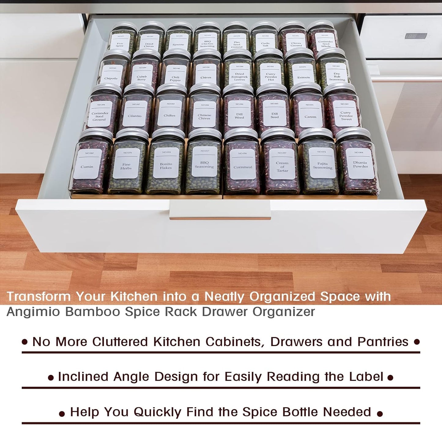 Bamboo Spice Rack Drawer Organizer - 8 Pieces Set- 7" Wide Per Piece - Combine Pieces Into 14" Wide Rack (7" or 14")