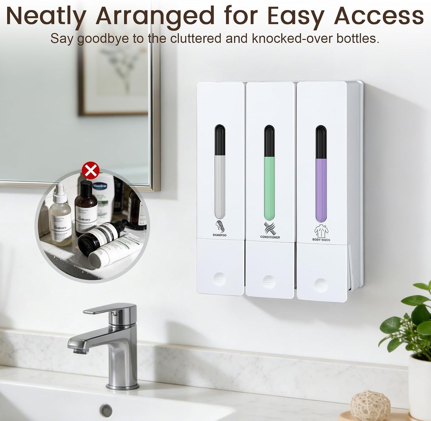 3 Chamber Shampoo and Conditioner Dispenser Set, No Drill Shower Soap | Refillable wall-mounted bottles, BPA-free. 3x400ml. Dispenses shampoo, conditioner,body wash, soap, lotion, gel. Black.