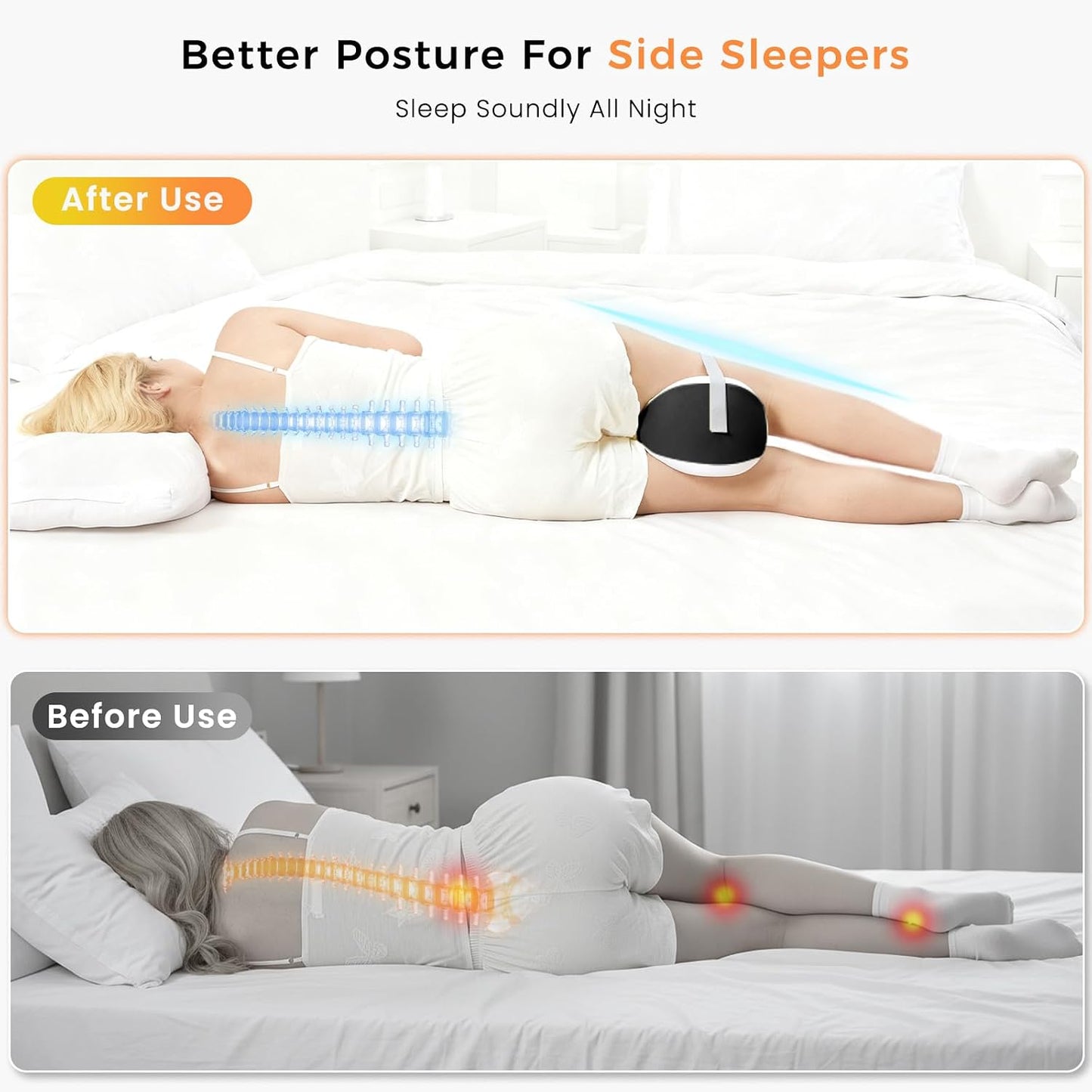 Knee Pillow for Side Sleepers, Leg Pillow with Adjustable Hook & Loop Strap & Removable Washable Cover for Spine Alignment, Sciatica, Hip & Back Pain Relief