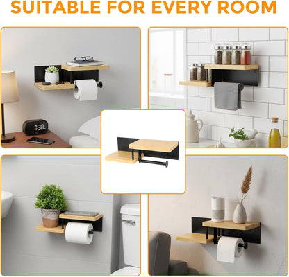 Toilet Paper Holder with Shelf, Wall Mount Toilet Paper Roll Holder with Wooden Shelf & Matte Black Stainless Steel Pipe, Bathroom Organizer for Roll Tissue, Phone, Wipes, Plant for Bathroom, Washroom