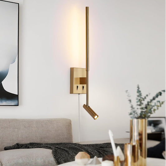 Modern Plug in Wall Sconce Indoor Ambient Lighting for Bedroom, Gold LED Wall Mounted Reading Lamp with Switch, Corded Minimalist Linear Wall Light with 5.9FT Clear Cord for Living Room Corner Hallway