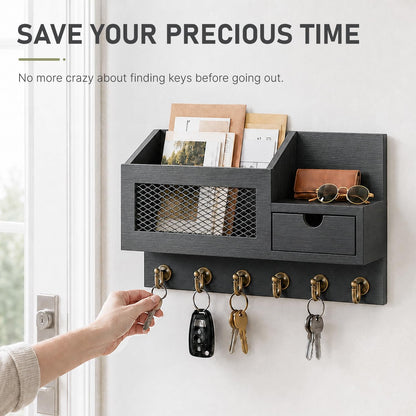 FifthQuarter Key and Mail Holder Wall Mount with Drawer and 6 Sturdy Hooks | Cute Rustic Farmhouse Wooden Key Hanger, Reliable Entryway Organizer for Keys and Daily Essential, Easy Installation, A-White