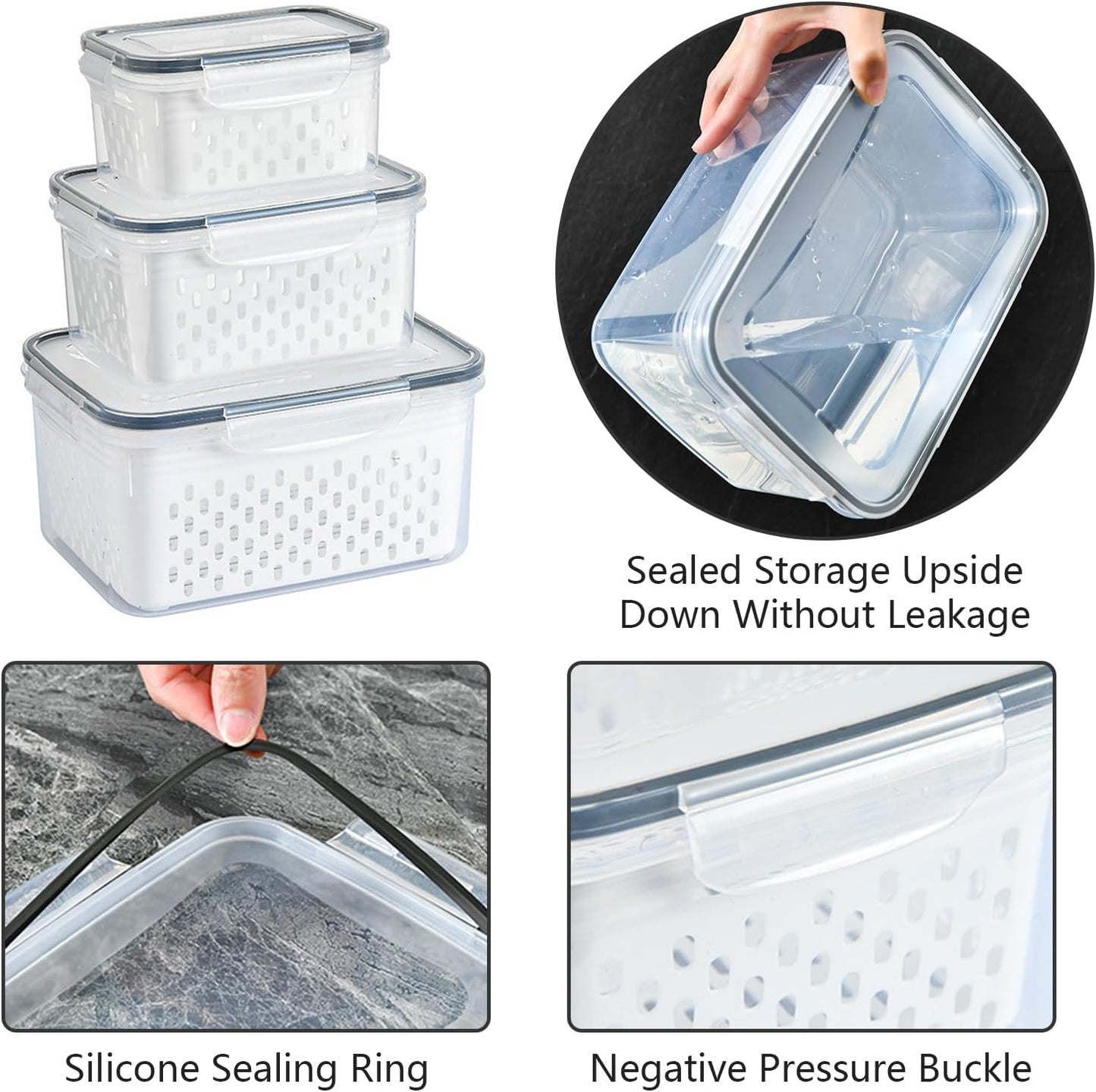 3 PCS Fruit Storage Containers for Fridge with Removable Colander, Leak proof Food Storage Containers, Airtight Food Storage Containers, Food Storage Container with Lids, Keep Food Meat Fresh