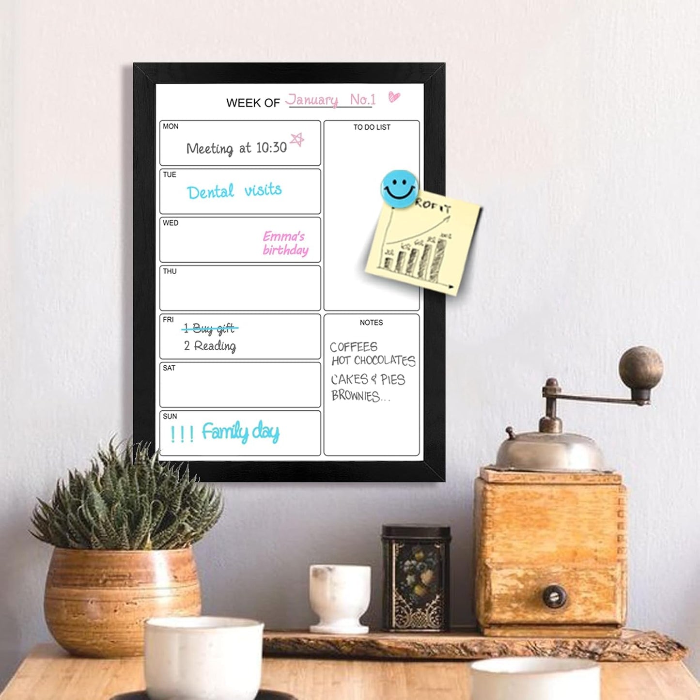 Weekly Dry Erase Whiteboard Calendar, 15.7"x11.8" Magnetic Surface Memo Board, Minimal Design Weekly Planner for Wall, Black Wood Frame Dry Erase Board for Office School Home(ZLBB-S-BK-2636)