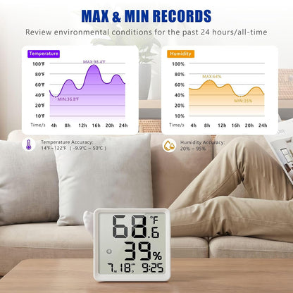 Room Hygrometer Indoor Thermometer for Home, Black | Small Digital Temperature Humidity, Comfort Indicator, Digital Clock & Calendar, Desktop Humidity Meter, Compact Size