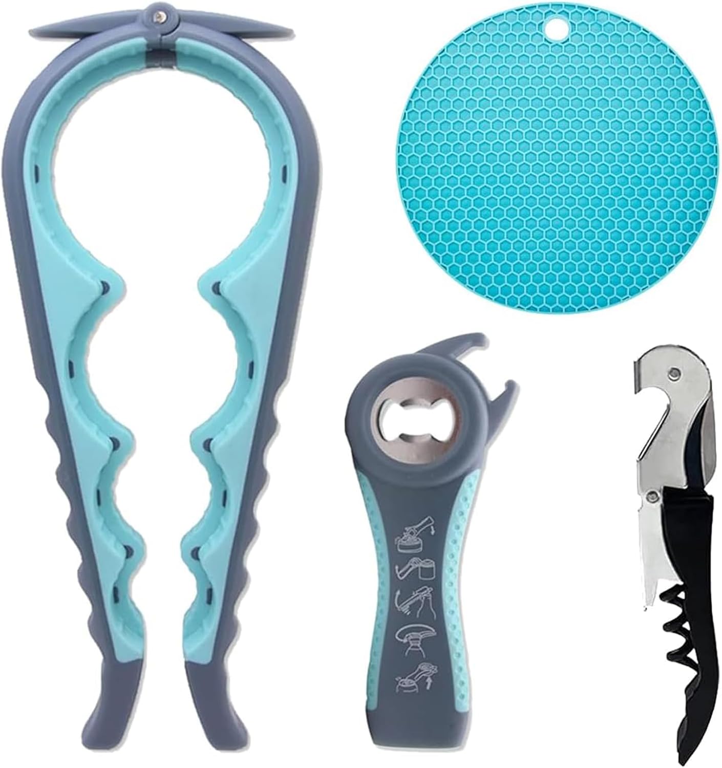 Jar Opener for Seniors with Arthritis,Jar Opener for Weak Hands,5-in-1 Bottle Opener,4-in-1 Can Opener (A-Blue)