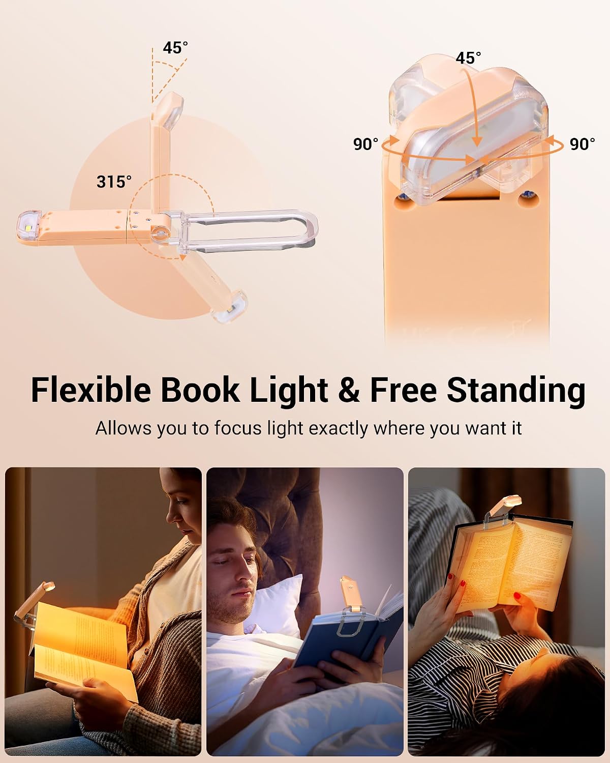 DEWENWILS USB Rechargeable Book Reading Light, LED Clip on Booklight Green | Blue Light Blocking, Amber & Warm White, Flexible Lighting Angle, Compact & Lightweight for Plane, Train, Car Traveling