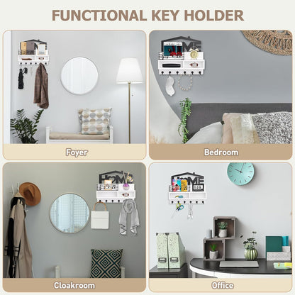 VIS'V Key Holder Wall Mount, Decorative Wood Mail and Key Organizer, White | Contains Iron Storage Basket, Small Shelf, 2 Compartments, 6 Hooks, for Entryway, Hallway, Doorway, Kitchen, Garage, RV