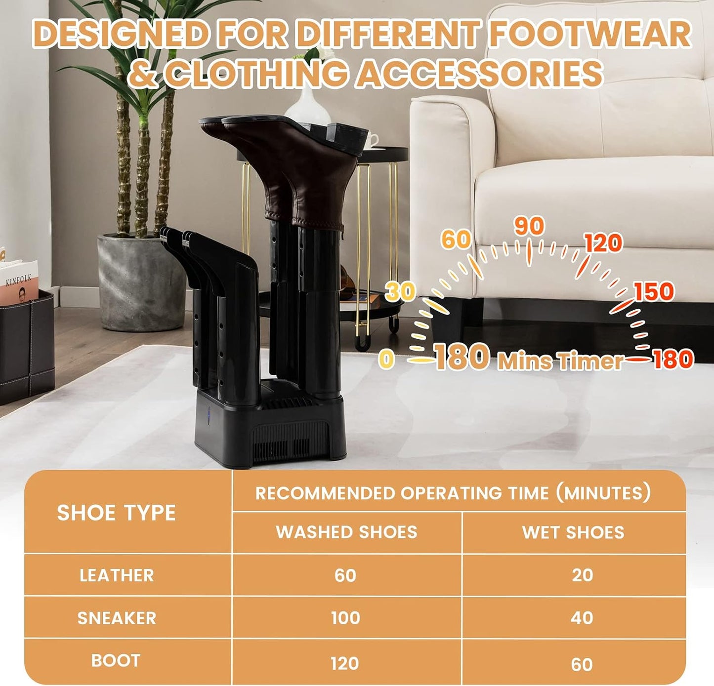 COSTWAY Shoe Dryer, 180 Mins Timer, CETL Standard Noiseless Boot Warmer with Heat Blower for Snow Boot Sneaker Glove Hats, with Detachable Pipes