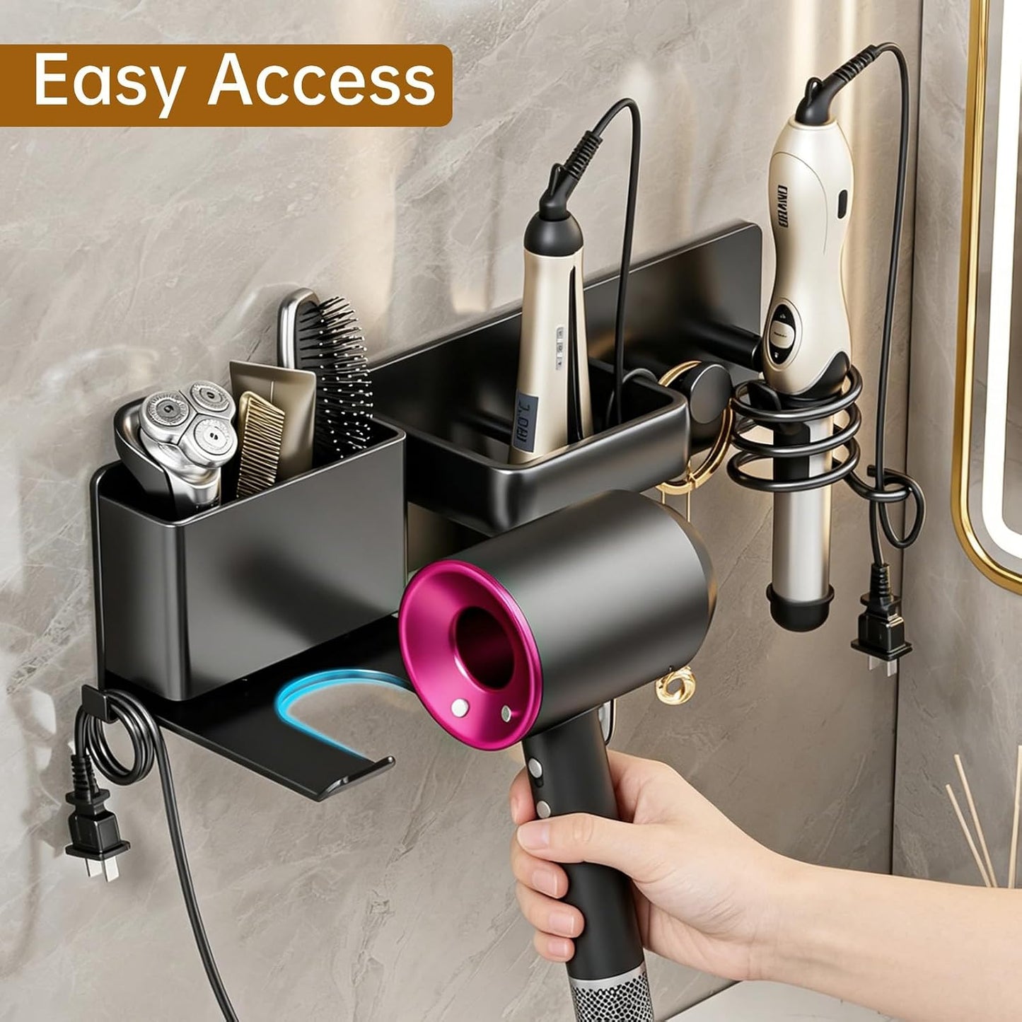5 in 1 Hair Dryer Holder Hair Tool Organizer Metal Wall Mount (Black) | Curling iron and flat iron storage, Heavy-duty metal rack for styling tools, Cluttered countertops solution for space saving