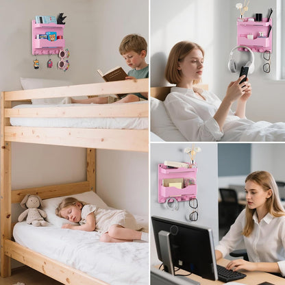 Bedside Wall Shelf with Glasses Hooks, Adhesive Bedside Organizer Wall Mount for Dorm and Room Accessories Phone，Remote，Earphone， Kindle (White)