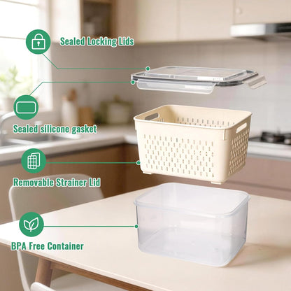 3 PCS Fruit Storage Containers for Fridge with Removable Colander | Berry Produce Storage Containers for Fridge with Strainer Lid Leakproof Containers Keep Fruits Vegetables Berry Fresh longer