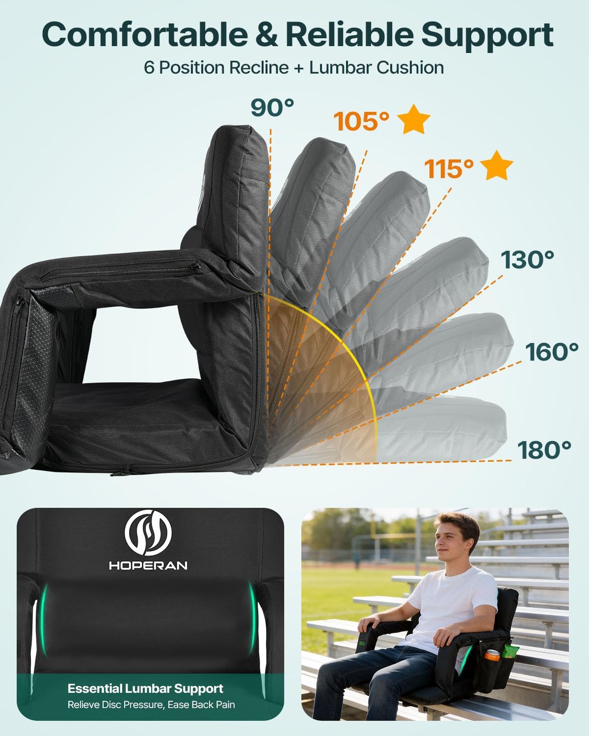 HOPERAN Massage Heated Stadium Seats for Bleachers, Dual Control, Portable | Back Massage, Seat Heated (Battery Not Included), Lumbar Pillow, 6 Recliner, Soft Cushion, Anti-Slip Stability, Side Pockets