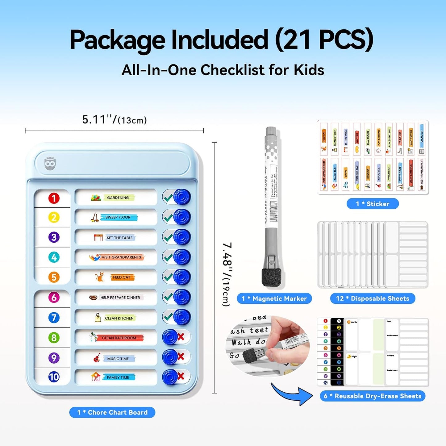 Chore Chart for Kids with Timer, 21 PCS Checklist Magnetic Schedule Board, ADHD Tools with 99-Min Countup/Down Visual Timer, Bedtime/Morning/Daily Routine Chart Dry Erase to Do List with Slider(White)