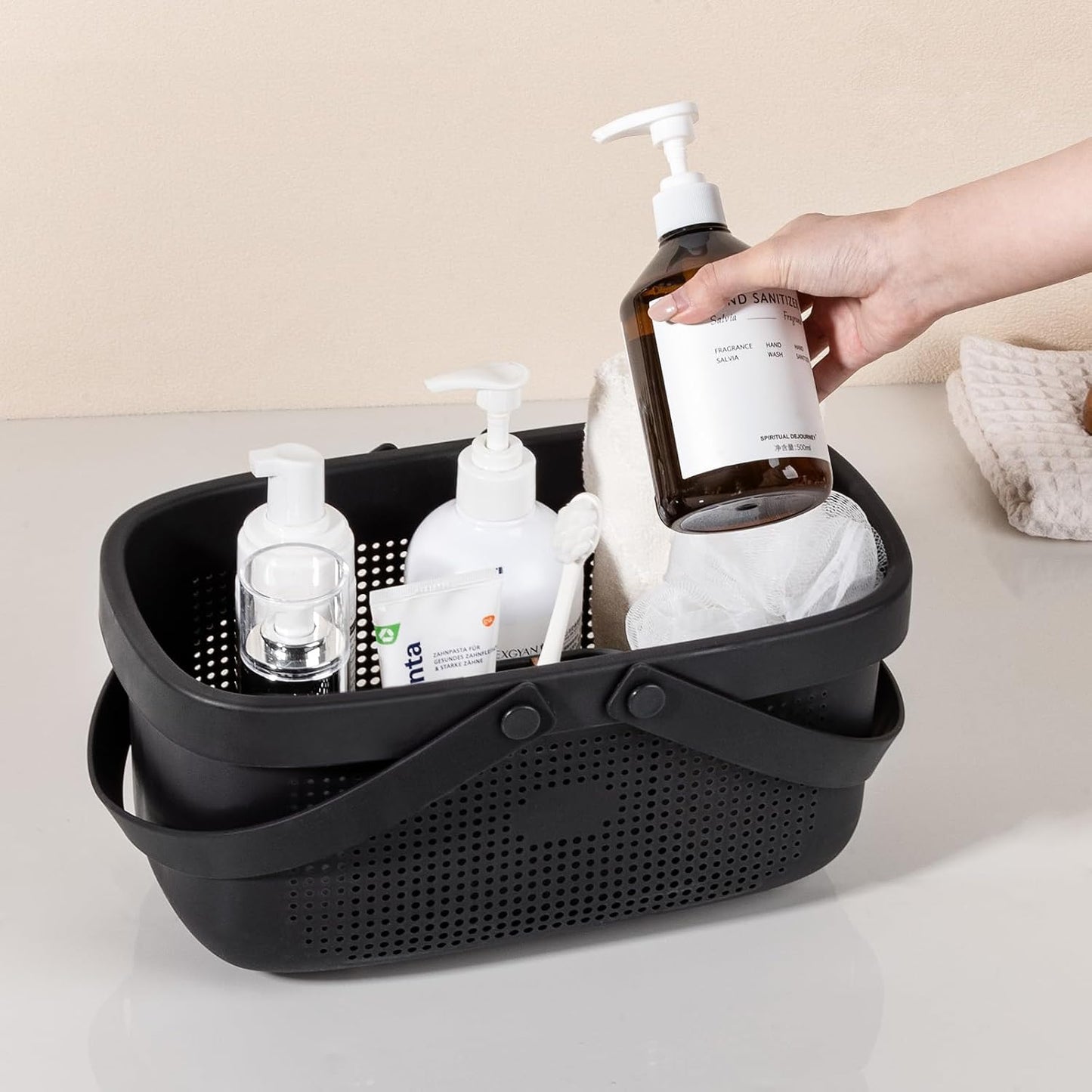 JiatuA Plastic Storage Basket with Handle Portable Shower Caddy Tote Organizer Basket Bin for Bathroom Kitchen Dorm Room Bedroom, Green | Sturdy Drainage Large Capacity Organizer Basket with Silicone Handles for Bathroom Kitchen Bedroom College Dorm