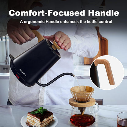 Nueve&Five Electric Gooseneck Kettle with Thermometer, 1.0L Pour Over Hot Water Kettle for Coffee and Tea, 1000W, Auto Shutoff, Boil-Dry Protection, Matte Black