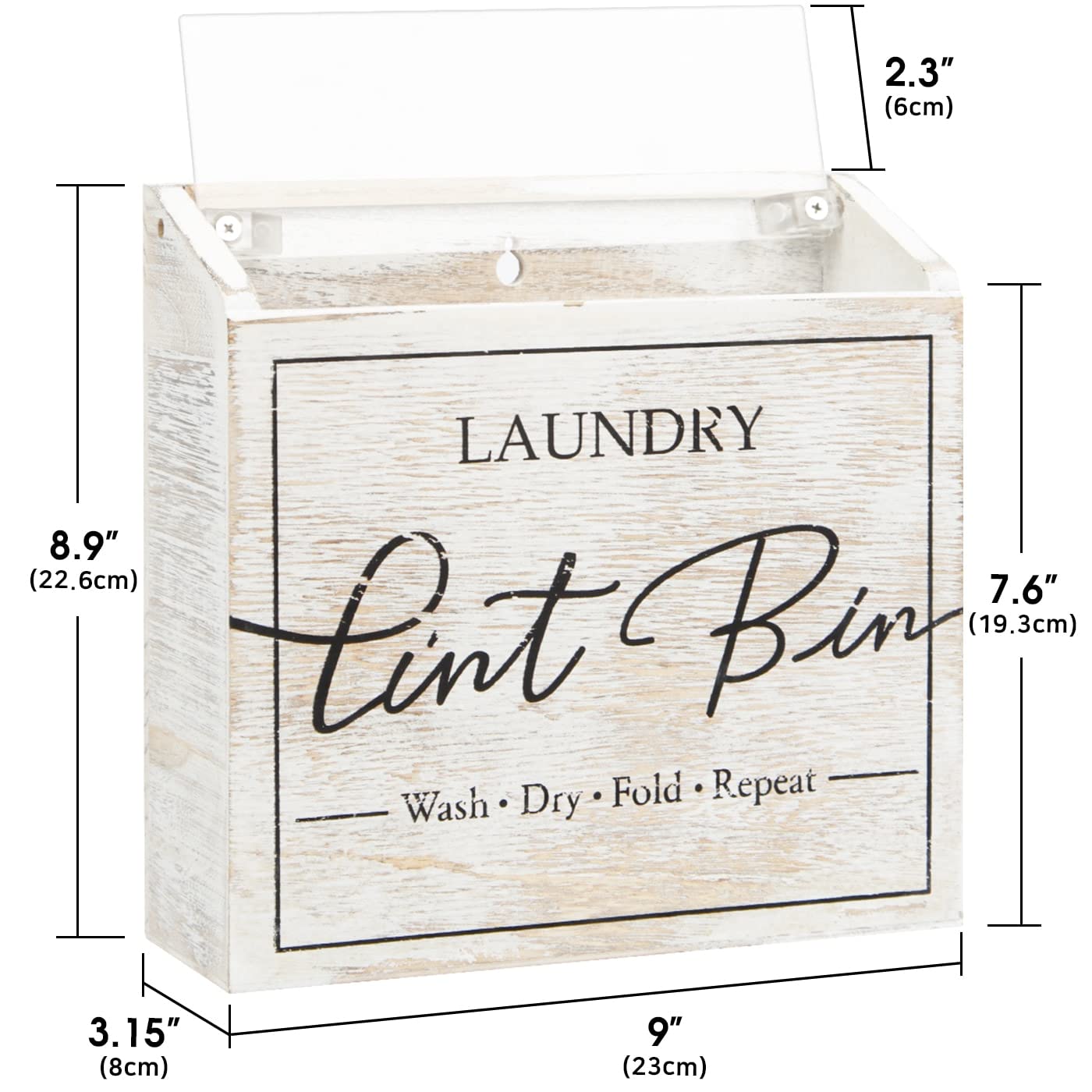 J JACKCUBE DESIGN Magnetic Lint Bin for Laundry Room, Lint Basket Container, Trash Can Box, Organizer, Storage for Washer and Dryer Supplies- White Washed Rustic Wood Wall Mount- MK904A